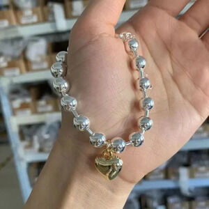 925 Sterling Silver Chunky Silver Heart Beaded Bracelet Statement Bead Bracelet